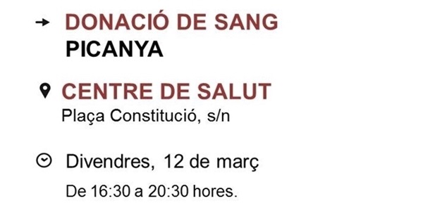 Este divendres 12 donació de sang al Centre de Salut